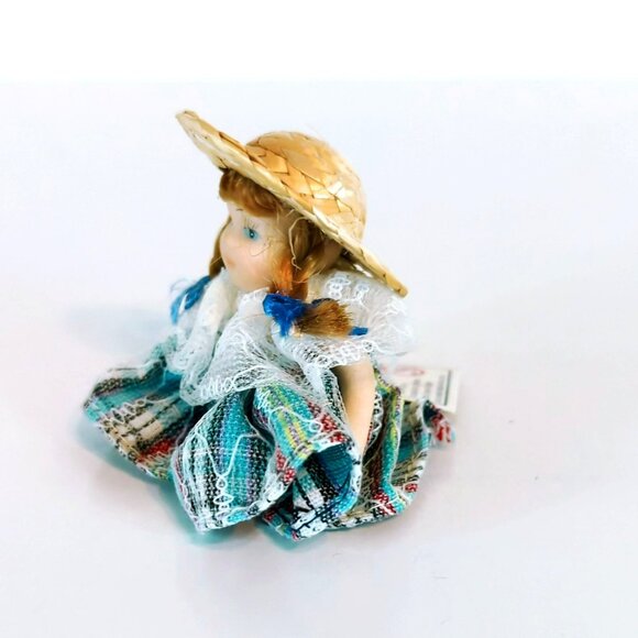 Vintage Ganz Miniature Porcelain Doll Sitting with Braids Straw Hat Plaid Dress - Picture 2 of 5